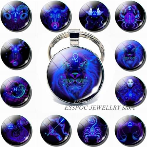 12 Constellation Zodiac Sign Photo Key Chain Leo Pendant Glass Cabochon Jewelry Fashion Keychain Car Keyring for Women Best Gift