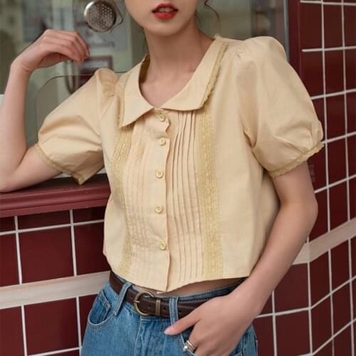 Retro Lace Stitching Turn-down Collar Blouse Women Summer Bubble Sleeves High Waist Shirt Female Elegant Cotton Short Tops
