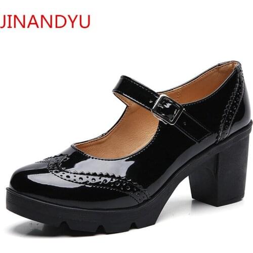 Brogue Carving Plus Size Heels for Women Platform Shoes for Wedding Dress Spring Pumps Patent Leather High Heels Chunky Shoes