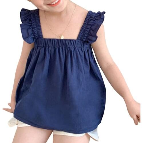 Oyolan Children Top for Girls Kids Summer Top Cute Shoulder Straps Sleeveless Open Upper Back Ruffle Hem T Shirt Casual Clothing