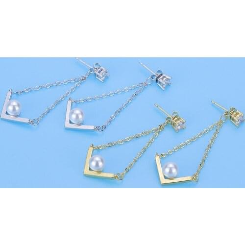 ZHOUYANG Long Drop Earrings For Women Korean V Shape Imitation Pearl Light Yellow Gold Silver Color Gift Fashion Jewelry KBE040