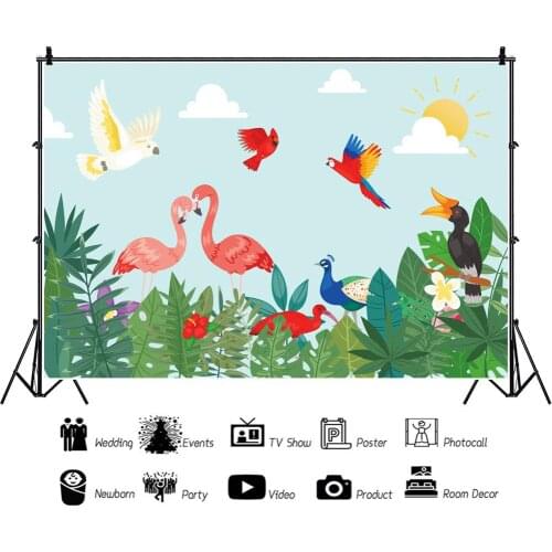 Birds Flamingo Parrot Children Backdrops Photography Blue Sky Kids Happy Birthday Party Photos Background for Shooting Decor