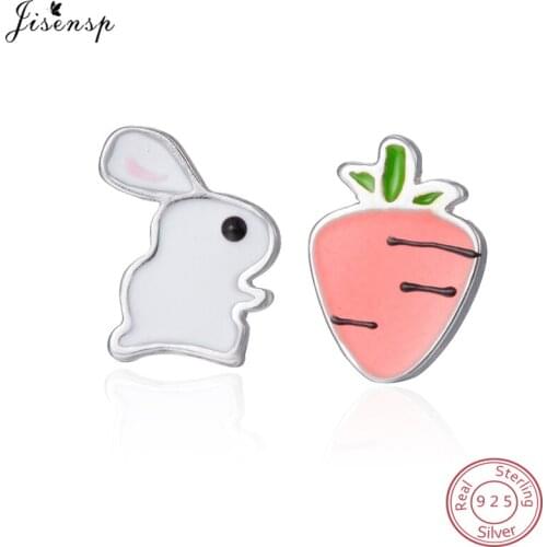 Jisensp 100% 925 Sterling Silver Fashion Tiny Carrot Bunny Rabbit Earrings for Girl Kids Cute Animal Stud Earrings Fine Jewelry