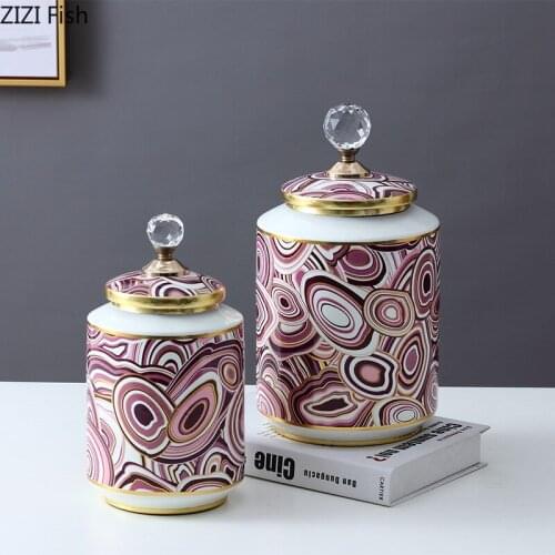 Modern Abstract Art Ceramic Storage Jar with Crystal Lid Gilded Candy Sundries Sealed Jar Food Storage Container Home Decoration