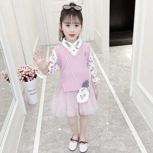 Kids girls dress set Sweater vest dress+shirt 2pcs girl clothes suit vetement enfant fille girls outfits