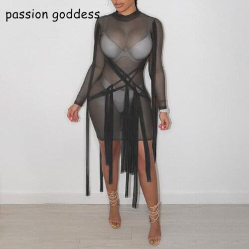 Summer Women Turtleneck Long Sleeve Perspective Mesh Bodycon Sexy Bandage Dress Mini Sexy Dresses Party Night Club Dress 2020
