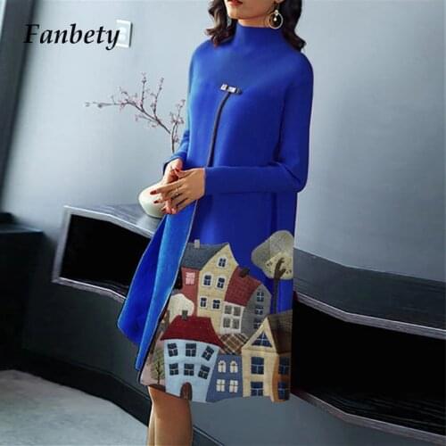 Fashion Half High Neck Print Mini Dresses Casual Women Long Sleeve Loose A-Line Dress Elegant Patchwork Knitted Slit Party Dress