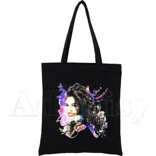 Selena Quintanilla Print Reusable Shopping Bag Women Canvas Tote Bags Printing Eco Bag Cartoon Shopper Shoulder Bags Black