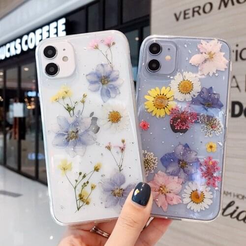 Fashion Glitter Real Dry Pressed Flower Phone Case For iphone 11 pro XS MAX X SE 2020 XR 7 8 plus transparent silicon back cover