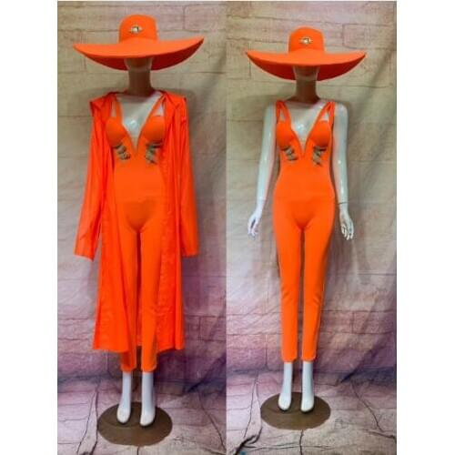 Fashion New Design 6 Colors Sexy Stage Dance Wear Jumpsuit Big Hat Performance Bodysuit Outfit Costume Team Clothing Set