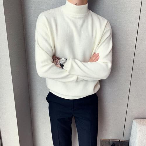 Mens Casual Loose Mid-collar Thick-line Long Sleeve Wool Sweater Coats Solid Color Turtleneck Homme Pullover Cashmere Knitting