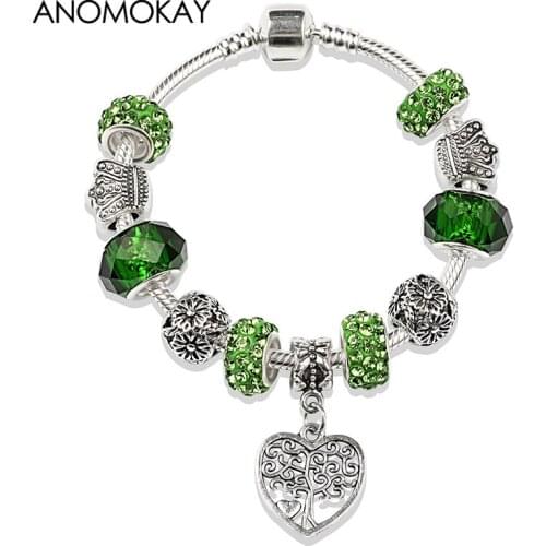 2019 Hot Antique Silver Color Tree of Life Charm Bracelet Green Crystal Beaded Bracelet Diy Jewelry Making for Boy Girl Gift
