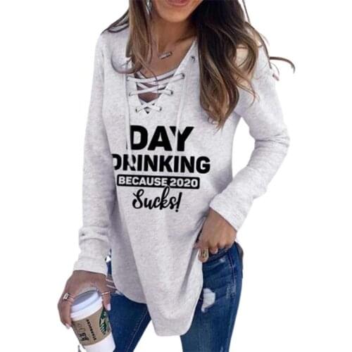 New letter V Neck women hoodies autumn winter long sleeve sweatshirt pullover casual print lace-up top female clothes