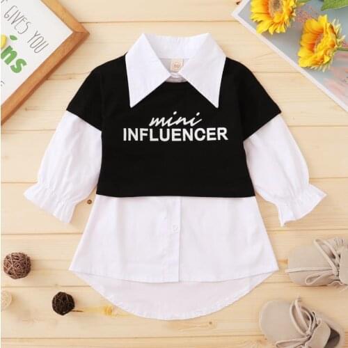 Infant Baby Girls Dress Solid Long Sleeve Single Breasted Shirts Dresses Letter Print T shirt Tops 2pcs