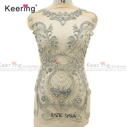 Online celebrity silver rhinestone fabric bodice applique for evening dress panel WDP-266