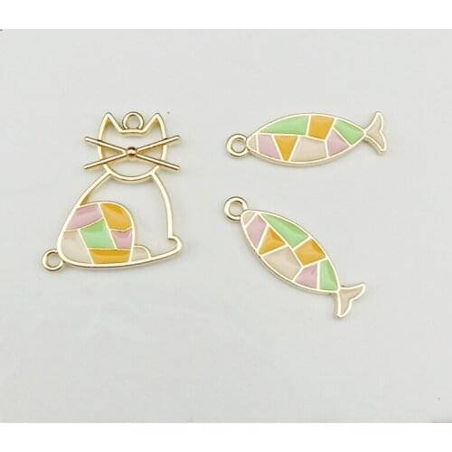 10pcs Diy enamel geometric kitten cat fish charms alloy pendant for bracelet/earring/necklace handmade fashion jewelry making