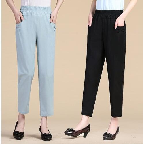 Middle-aged Mother Casual Pants 2020 Summer Thin Elastic High Waist Cotton And Linen Cropped Pants Womens Straight Pants W2084