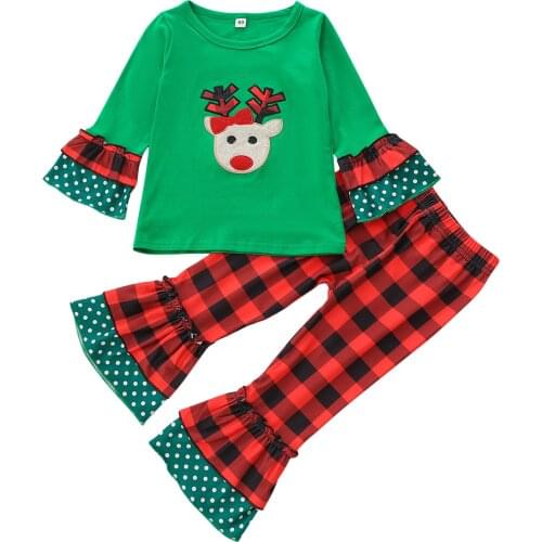 2021 Toddler Girls 2Pcs Christmas Outfits Long Sleeve Reindeer Embroidery Tops + Plaid Flare Pants Set For toddler girls