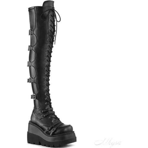 Design Female High Platform Thigh High Boots Fashion Buckle Punk High Heels Boots Women Cosplay Wedges Boots Woman Botas Mujer