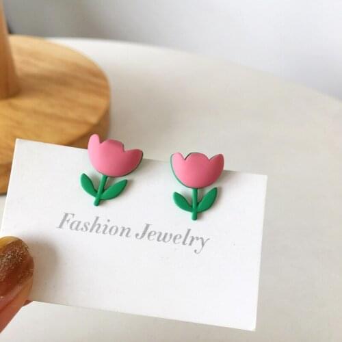 Cute Flower Stud Earring Jewelry Women Accessories 2021 New Sweet Simple Pink Tulip Ear