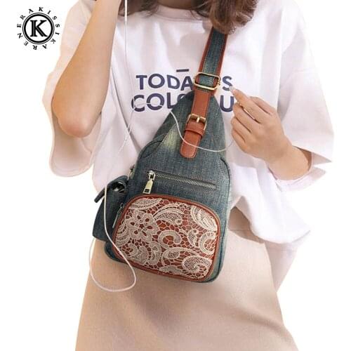 Vintage Floral Lace Chest Bags for Women Jeans Casual Day-packs Retro Fashion Shoulder Travel Sling Bags Stylish Women Purse