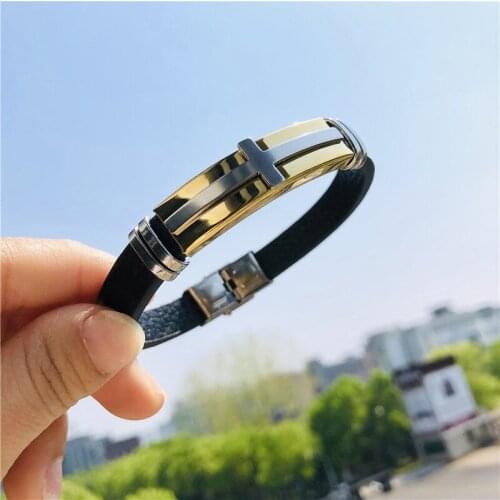 Vintage Jesus Cross Shape Leather Bracelet Men Stainless Steel Hidden Clasp Pulsera Hombre For Male Hand Jewelry