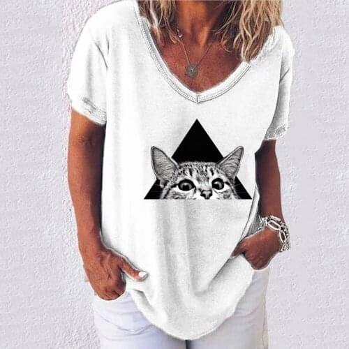 Plus Size 2020 Summer Women Cute Printed Short Sleeve V-Neck Tops T-shirts Tee Casual Loose Tunic