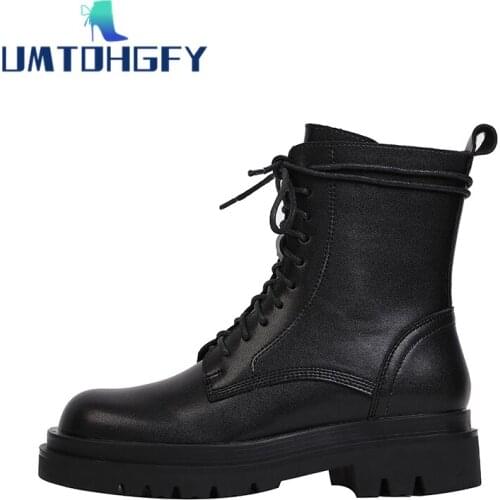 REVT Women Boots Mid Calf Ladies Shoes Fashion PU Leather Autumn Winter Chunky Zipper Non Slip Motorcycle Shoe Plush Warm Woman