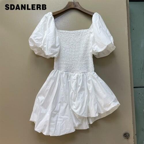 2021 Summer New Women Plain Short Dress Drawstring Slim Girl Princess Dress Off-Neck Lantern Short Sleeve Dresses Party Faldas