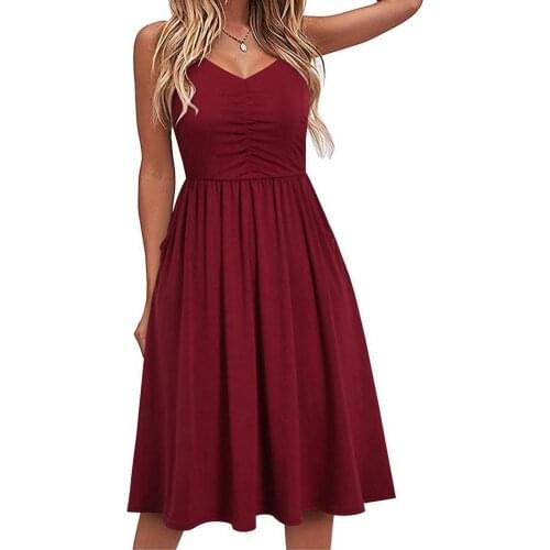 Sling Solid Color Comfy Shirring A-Line Lady Dress Spaghetti Strap V-neck Shirring Waist Tight Midi Dresses for Women 2021