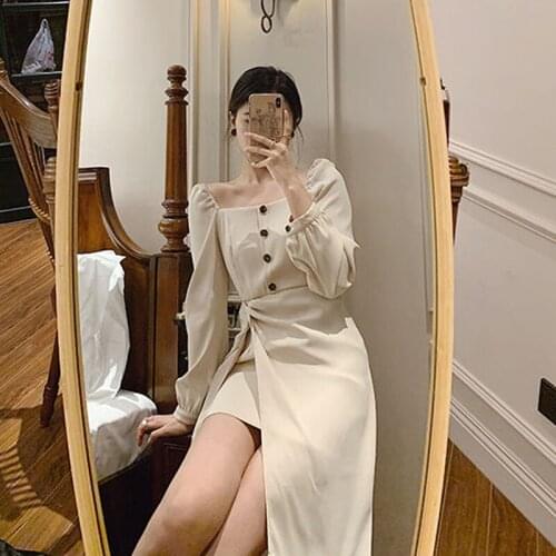 Elegant Dress Women Casual Office Lady Midi Dress Chic Square Collar Long Sleeve Sexy Party One Piece Dress Korean 2020 Autumn
