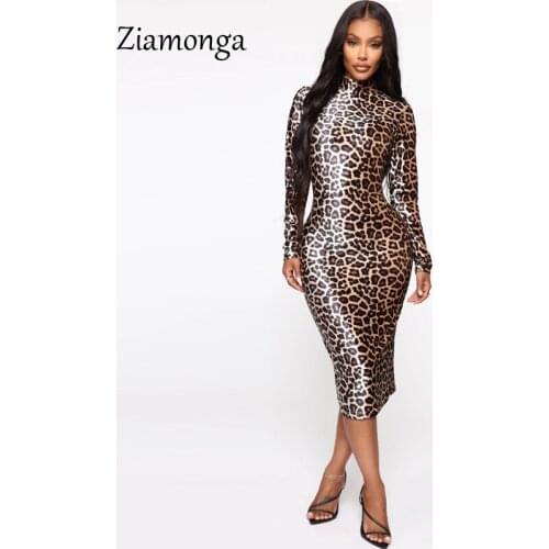 Ziamonga Casual Leopard Print Midi Dresses Long Sleeve High Neck 2020 Fall Fashion Women Clothing Bodycon Dress Sexy Vestidos