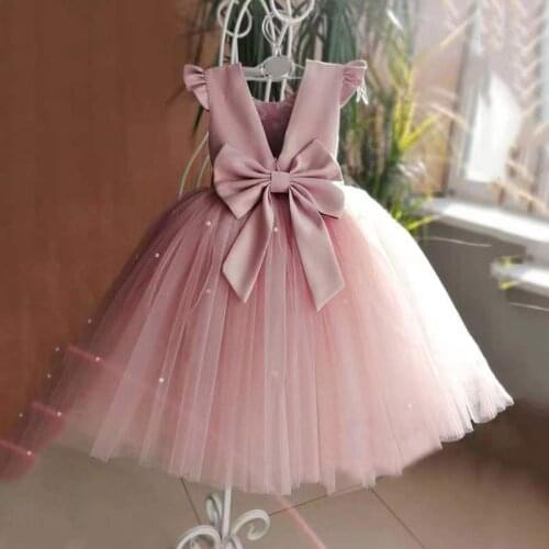 2021 New Peach Pink Flower Girls Dresses For Wedding Beading Backless Girl Birthday Party Evening Dress Tulle Princess Ball Gown