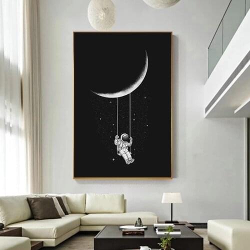 Space Astronaut Swinging on The Moon Stars Canvas Painting Abstract Poster and Print Wall Art Picture for Living Room Home Decor