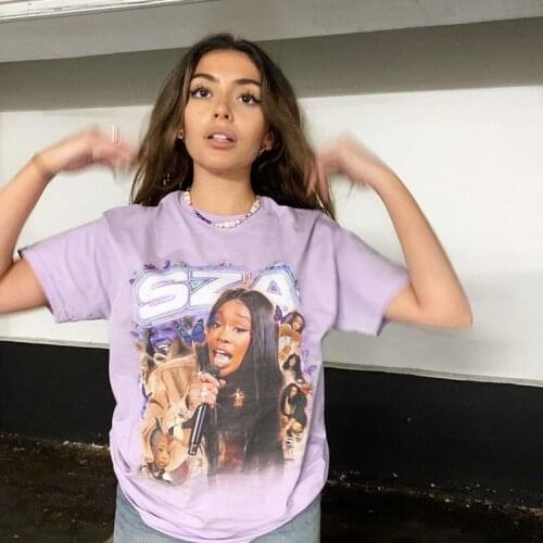 American Fashion Hip Hop Style T shirts For Female Light Purple Short Sleeve Cotton Tops Loose Vintage Rock Cool Graphic Tees