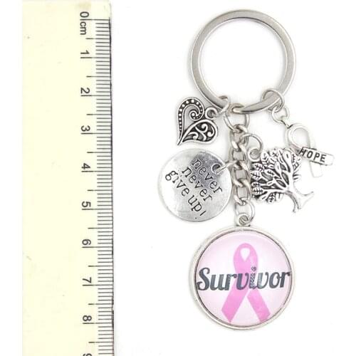 New Arrival Key Chain Cabochon Survivor Pink Ribbon Breast Cancer Awareness Keychains Keyrings Jewelry Gift