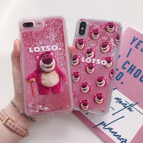 For iPhone 6 6S 7 8 Plus X XS MAX XR Cases Cover Bling Glitter Luxury Cool Strawberry bear Dynamic Liquid Quicksand Phone Case