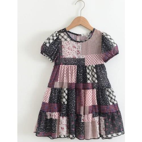 2021 Childrens Clothing New Summer Short Sleeve Stitching Printed Dress Girls Irregular Color Block Long Skirt
