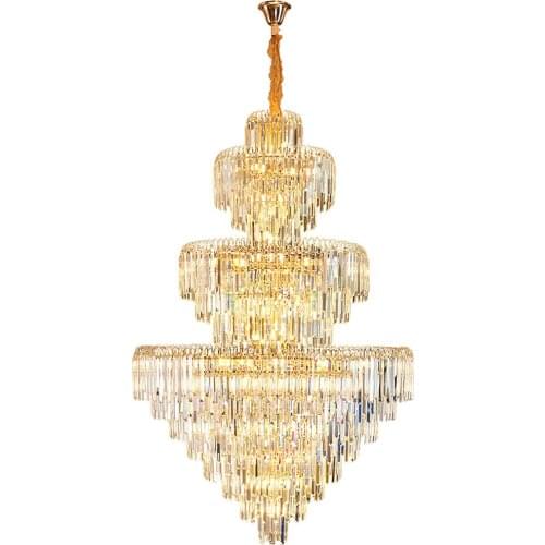 Duplex Building Large Crystal Chandelier Villa Hotel Lobby Living Room Gold Crystal Chandelier Lighting Stair Long Hanging Lamps