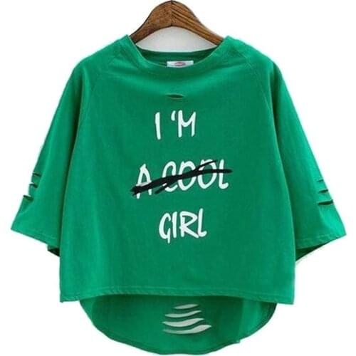 T-shirt Female New Green Personality Loose Hole Front Short Back Long Short Sleeve T-shirt Female Summer Five-point Sleeves