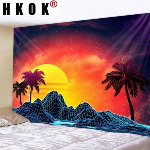 HKOK Sunset Coconut Tree Mountain Tapestry Wall Hanging Wall Covering Rugs Background Cloth Beach Mat Blanket Art Home Decor