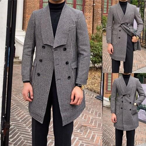 Houndstooth Mens Suits Custom Made Shawl Lapel Groom Party Tuxedo Winter Coat For Men One Piece