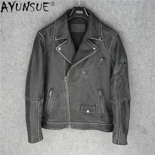 AYUNSUE Men Jacket Heavy Coat Male Real Old Cowhide Leather Jackets 2020 Mens Clothing Motorcycle Clothes Ropa Hombre LXR497