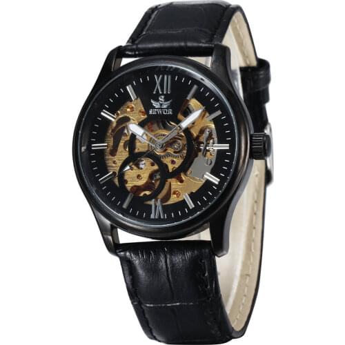 SEWOR Brand Black Leather Skeleton Mechanical Watches Men Business Automatic Watch Mens Fashion Wrist Watch Relogio Masculino