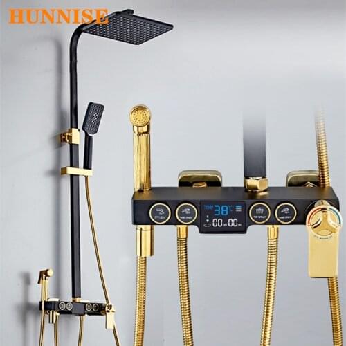 Bathroom Shower Set HUNNISE Black Gold Thermostatic Shower Mixer System Copper Bathtub Faucet Wall Mounted Digital Shower Set