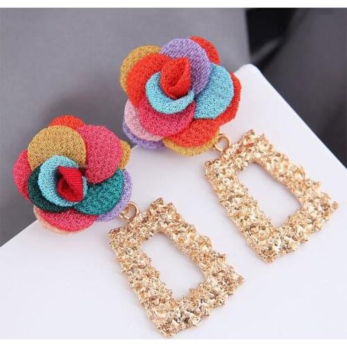 New Bohemian Vintage Cloth Flower Dangle Earrings Tassel Earrings for Women Geometric Long Big Drop Earings Fashion Jewelry Gift