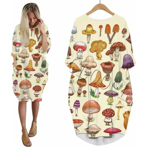 CLOOCL Popular Retro Mushroom Printed Dress Fashion Funny 3D Dress with Pockets Harajuku Women Party Clothing Long-sleeve Dress