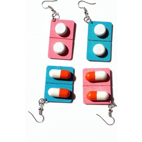 Cute Fashion Wooden Capsules Pills Earrings Funny Exaggerated Womens Creative Medicine Ear Hook Personality Fun Jewelry Gifts