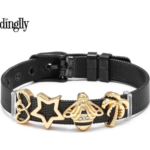 Fine Black Stainless Steel Mesh Watch belt Bracelet Bangle Double Heart original stars Queen Bee Charm Bracelet For Women Couple