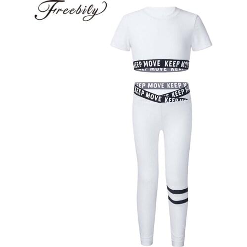 2Pcs Sport Outfits Kids Girls Sport Tracksuit Yoga Set Sportswear Short Sleeve Letters Print Top Leggings Pants Gym Running Sets